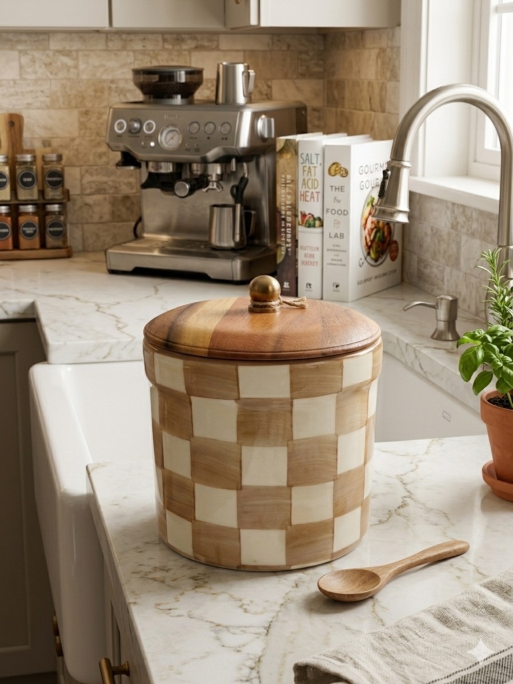 Mocha Check Ceramic Canister with Gold Knob Wooden Lid- White & Tan - Picture 7 of 7